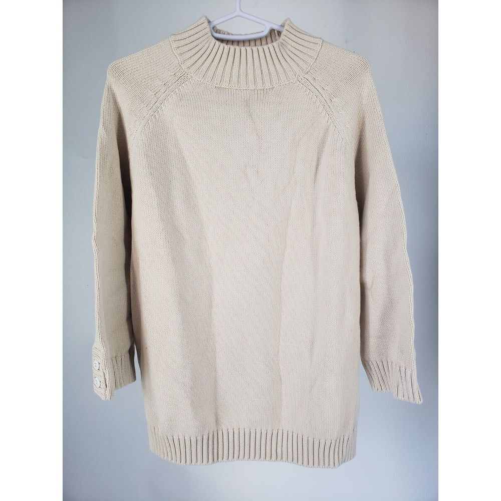 Lands End Sweater Cream Ivory Pullover‎ Crew Neck L 14-15 Dual Button Cuff